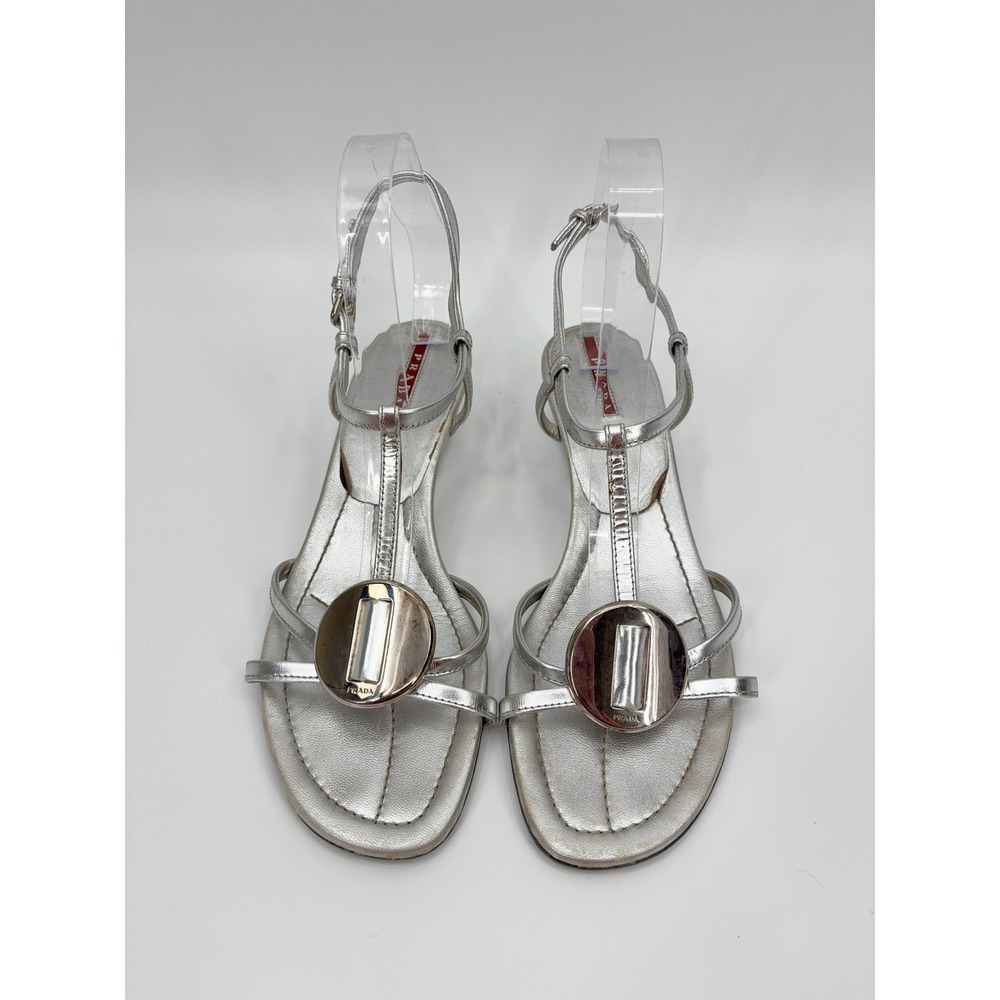 B5 Prada Metallic Leather Wedge Sandals 9.5 Silver T-Strap Medallion Strappy - Picture 4 of 14